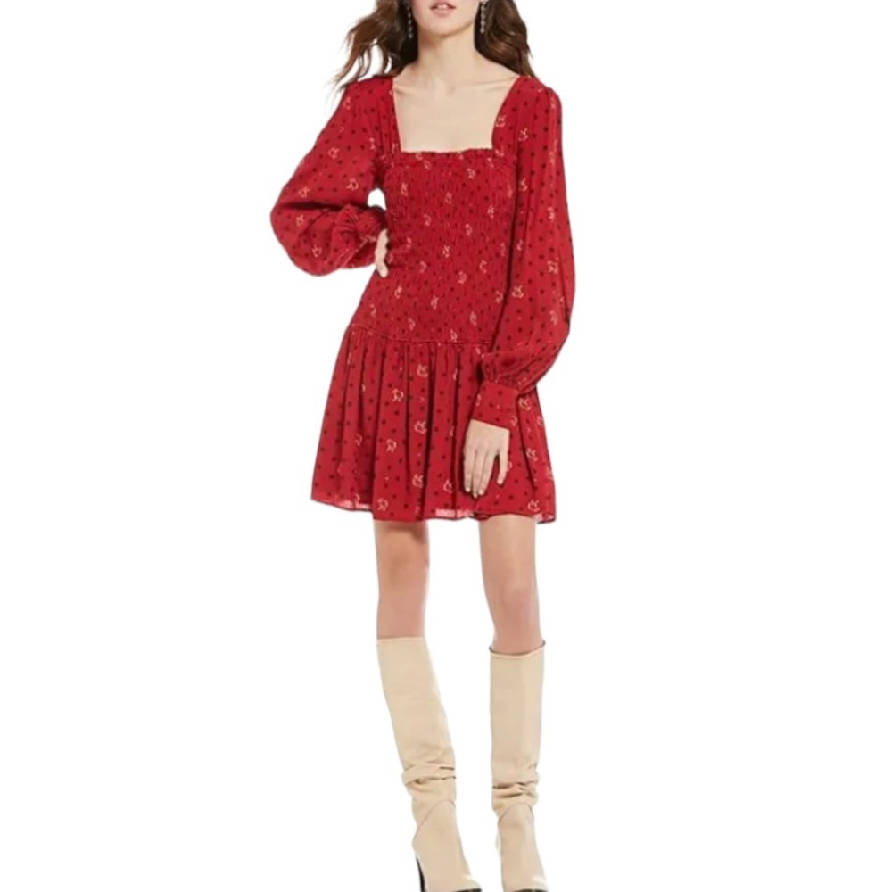 Free People Two Faces Mini Dress Smocked Red Floral Puff Sleeve Square Neck